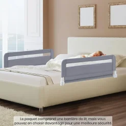 Barriere de Securite Enfant 100 cm, Barrière de Lit Bébé Rabattable avec Cadre en Métal, Housse Amovible, Gris-Giantex Discount