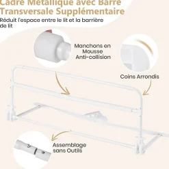 Barriere de Securite Enfant 100 cm, Barrière de Lit Bébé Rabattable avec Cadre en Métal, Housse Amovible, Gris-Giantex Discount