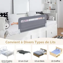 Barriere de Securite Enfant 100 cm, Barrière de Lit Bébé Rabattable avec Cadre en Métal, Housse Amovible, Gris-Giantex Discount