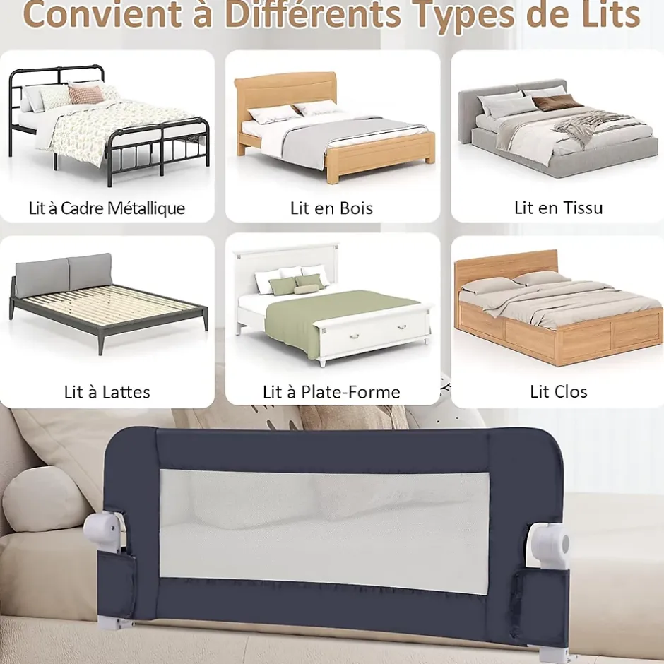 Barrière de Sécurité Enfant Lit, Barrière de Lit Enfant Bébé Pliable avec Mousse Souple, Gris, 105 x 40 x 42 CM-Giantex Discount
