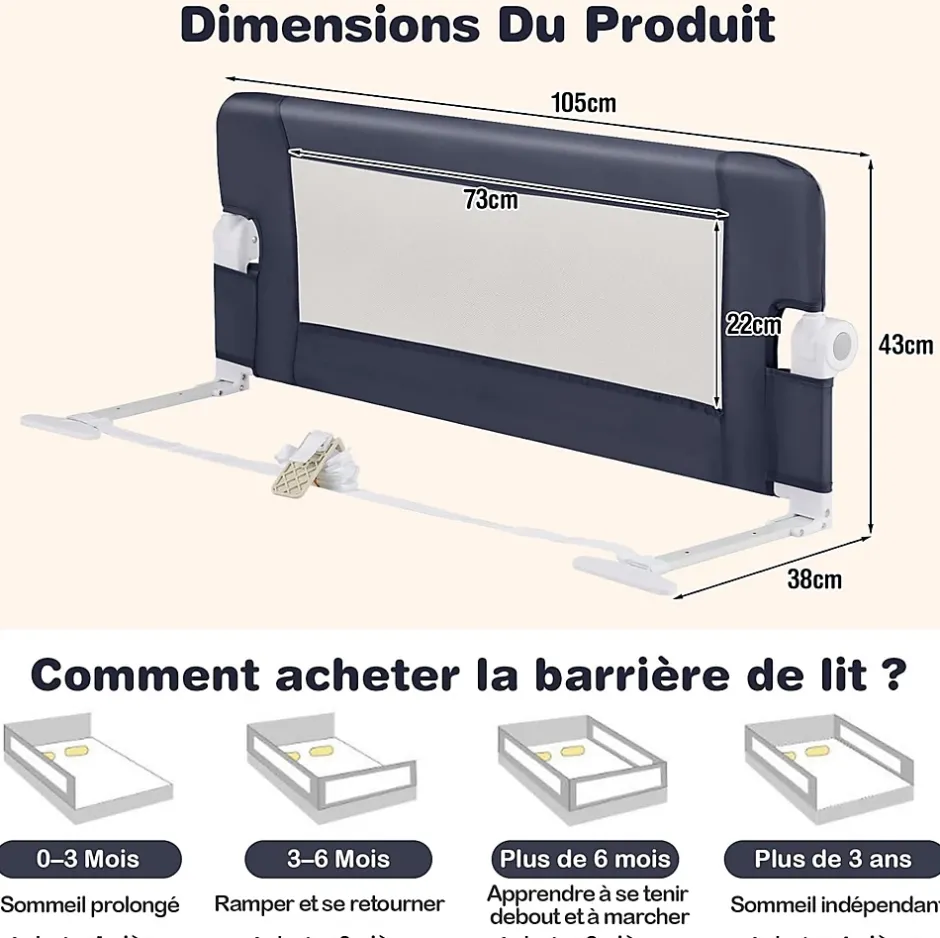 Barrière de Sécurité Enfant Lit, Barrière de Lit Enfant Bébé Pliable avec Mousse Souple, Gris, 105 x 40 x 42 CM-Giantex Discount