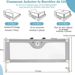 Giantex Barrière de Sécurité Enfant Lit Pliable, Barrière de Lit Enfant Bébé 0-3 Ans, Bords Arrondis et Maille, Gris, 174,5 X 25 X 72,5 CM