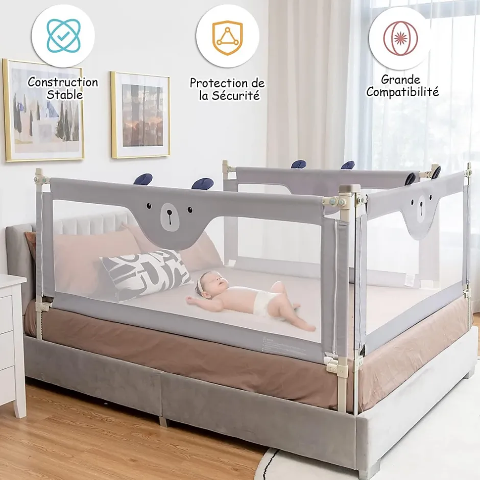 Giantex Barrière de Sécurité Enfant Lit Pliable, Barrière de Lit Enfant Bébé 0-3 Ans, Bords Arrondis et Maille, Gris, 174,5 X 25 X 72,5 CM