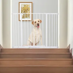 PawHut Barrière de sécurité longueur réglable dim. 76-107l x 76H cm sans perçage métal plastique blanc