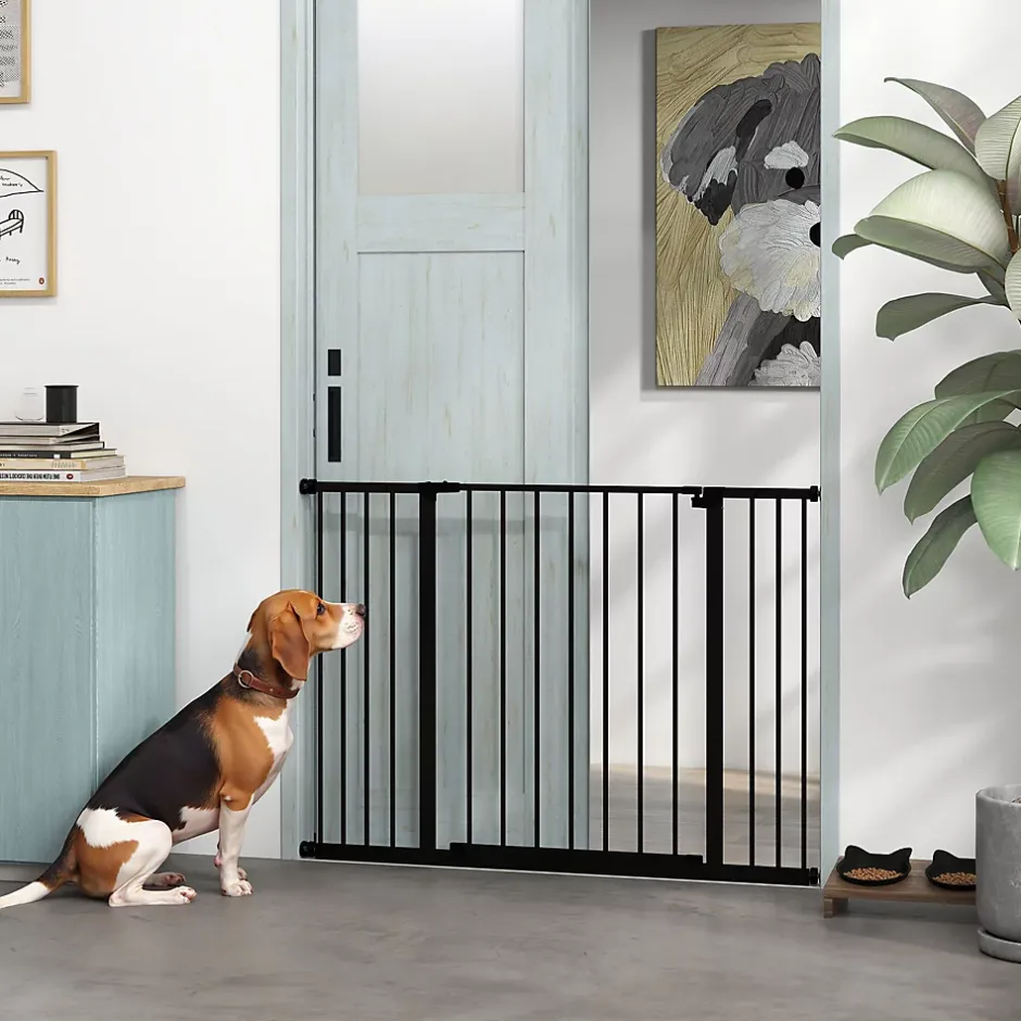 Barrière de sécurité longueur réglable dim. 76-107l x 76H cm sans perçage métal plastique noir-PawHut Discount