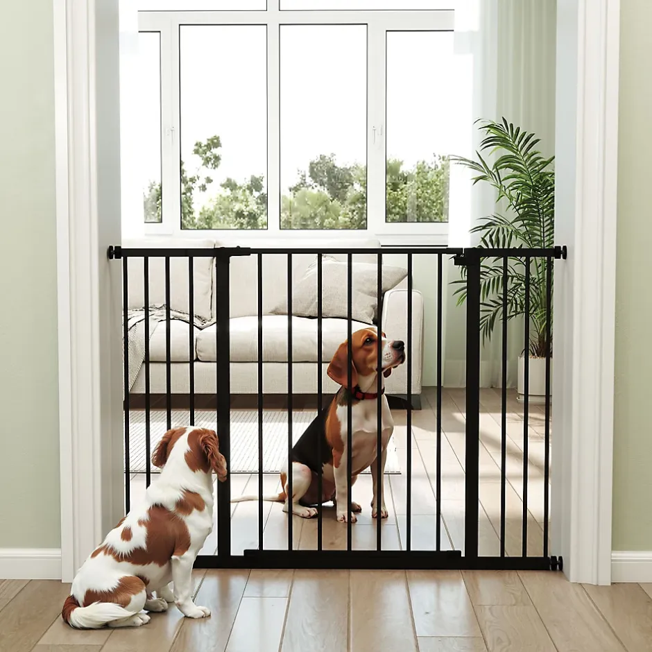 Barrière de sécurité longueur réglable dim. 76-107l x 76H cm sans perçage métal plastique noir-PawHut Discount