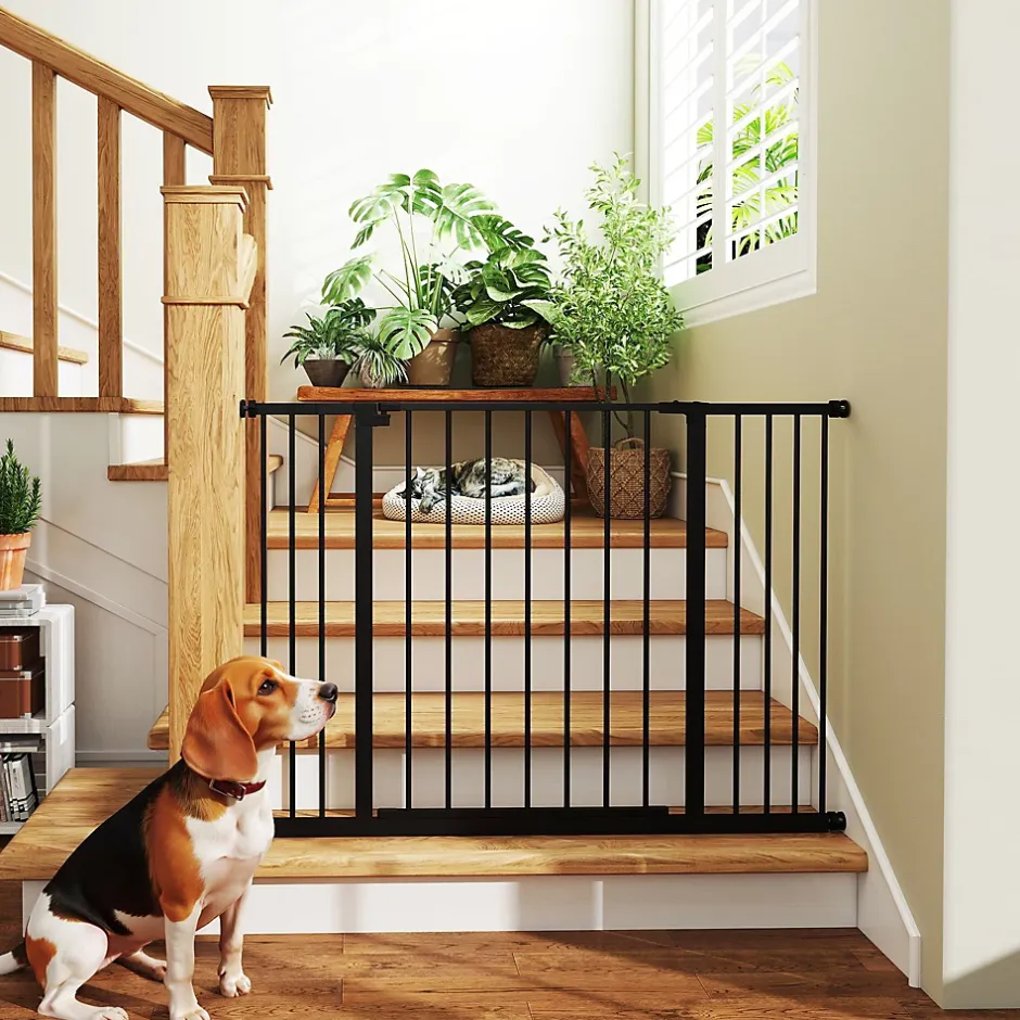 Barrière de sécurité longueur réglable dim. 76-107l x 76H cm sans perçage métal plastique noir-PawHut Discount