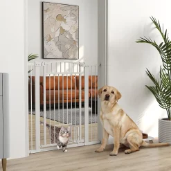 PawHut Barrière de sécurite chien extensible L.76-104 cm double verrouillage montage pression ou perçage blanc