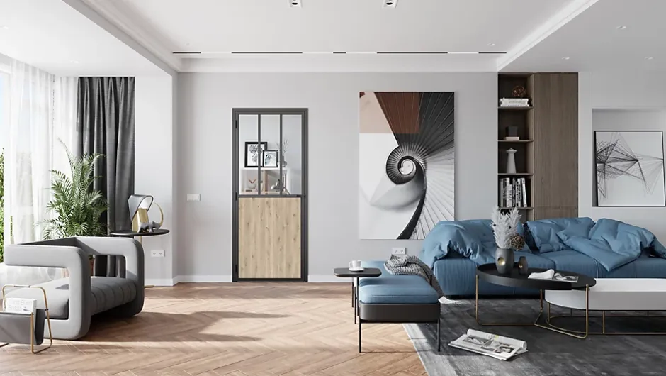 Optimum Bloc Porte Atelier H. 204 X 93 X 3 cm cadre en aluminium noir et verre transparent chêne terra Poussant Gauche