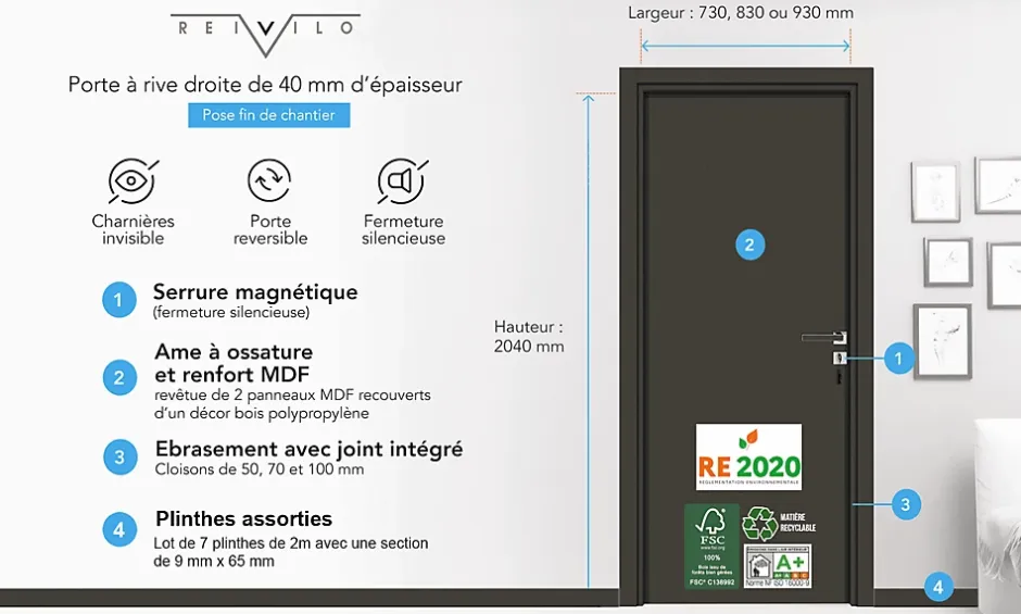 Reivilo Bloc-porte Liberto, 83 cm, pré-peint