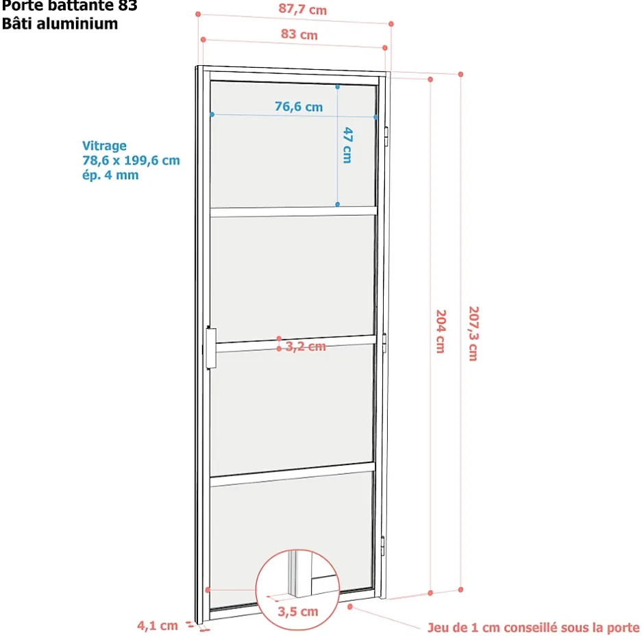 Bloc-porte Loft 4 carreaux vitrés transparents, poussant droit, coloris noir mat H.213 x l.83cm