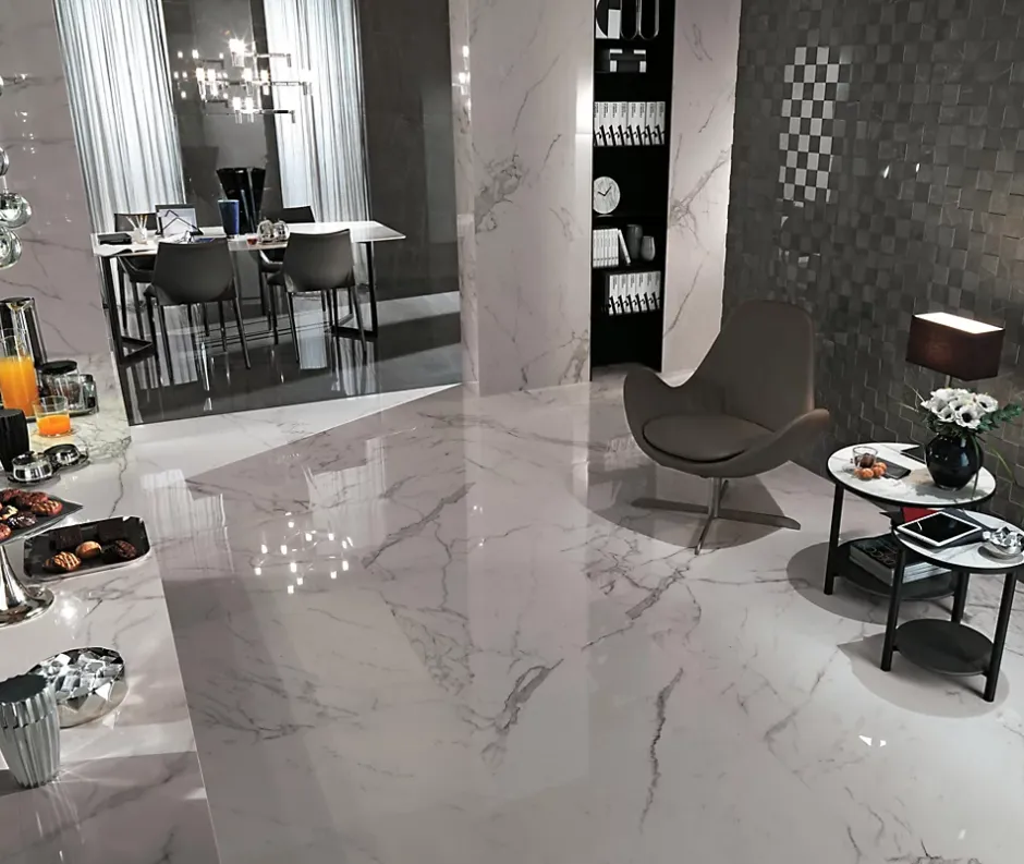 Carrelage effet Marbre Blanc Calacatta Extra 240x120x0,9 cm Brillant Clarenza - Mur intérieur (vendu par carton de 2,88 m²) - RO'M-Ro'Ma Carrelage Online