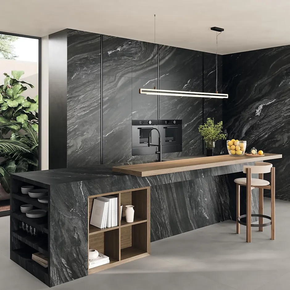 Carrelage effet Marbre Noir Vulcano 278x120x0,6 cm Silk Sorvella - Mur intérieur (vendu par carton de 3,336 m²) --Ro'Ma Carrelage