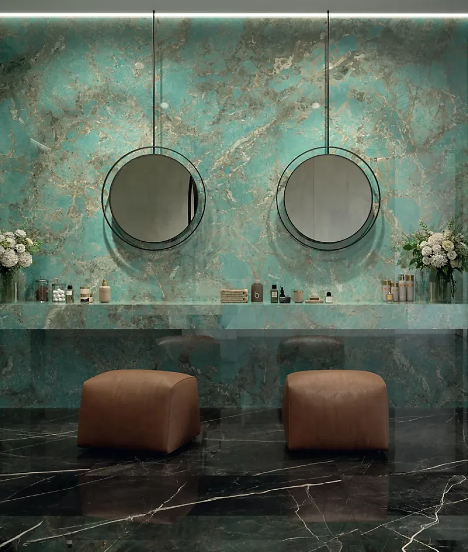 Carrelage effet Pierre Vert Amazonite 278x120x0,6 cm Brillant Florenza - Mur intérieur (vendu par carton de 3,336 m²) - RO'MA CARR-Ro'Ma Carrelage