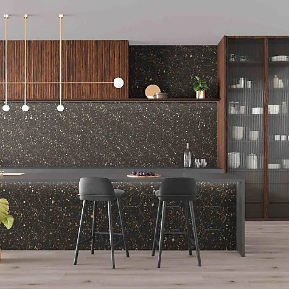 Carrelage Effet Terrazzo Hexagonal AROUSA 25,8x29 Noir - Les Carreaux de Jean-Les Carreaux De Jean Sale