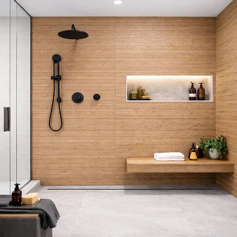 Carrelage faience mural lisse effet bois tasseaux 75x150 cm mate - MYK- COUWOOD-Aelle Carrelage Outlet