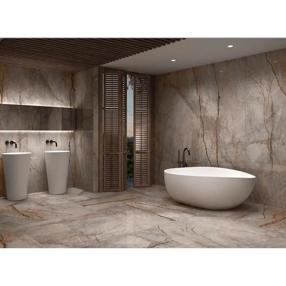 Carrelage grès cérame effet marbre WILD FOREST 280x120cm Greige (gris/beige) - Brillant / Poli - boîte de 3.34 m2-Gioia Materia Hot