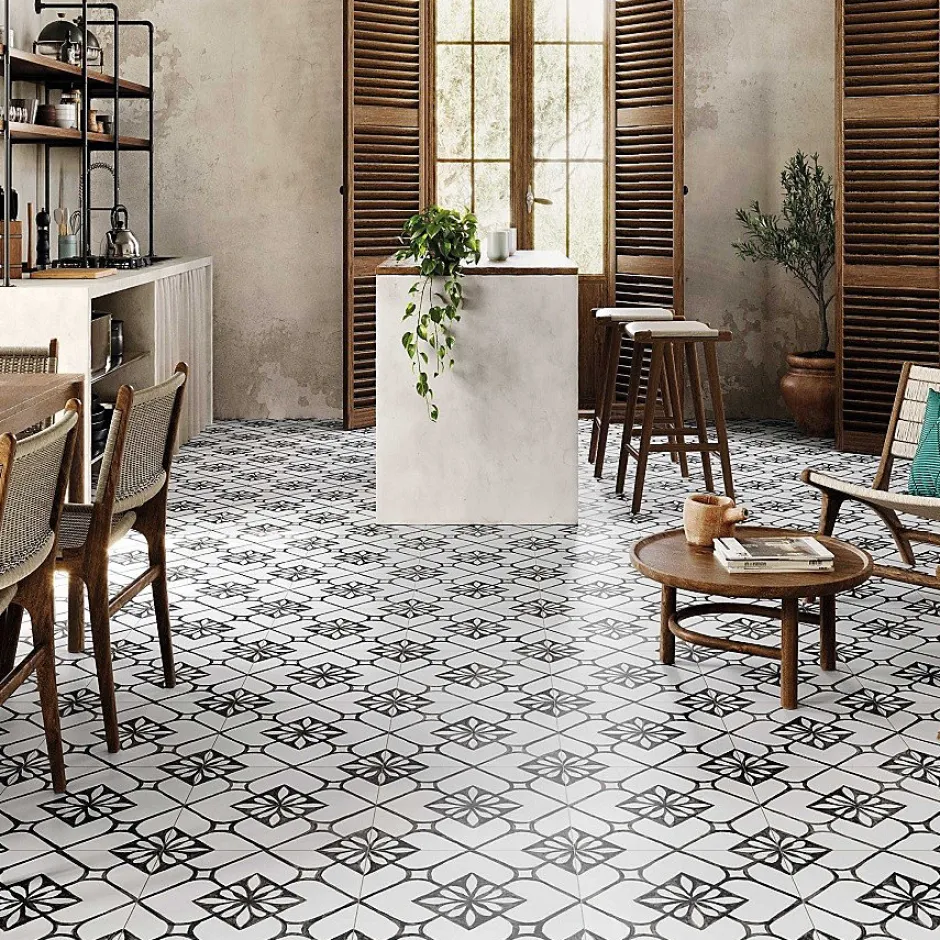 carrelage imitation carreaux ciment 44x44 cm TISA BLACK-Concept Mosaïque Discount