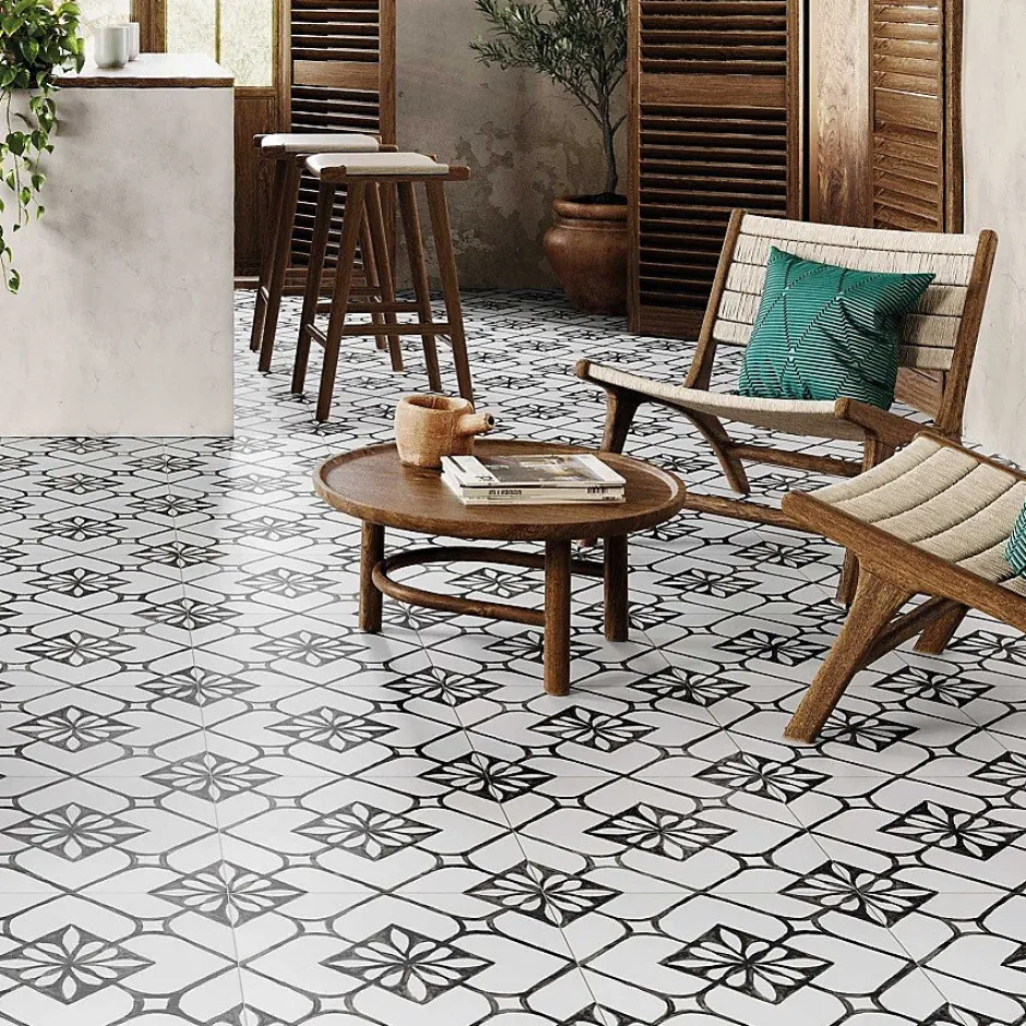 carrelage imitation carreaux ciment 44x44 cm TISA BLACK-Concept Mosaïque Discount