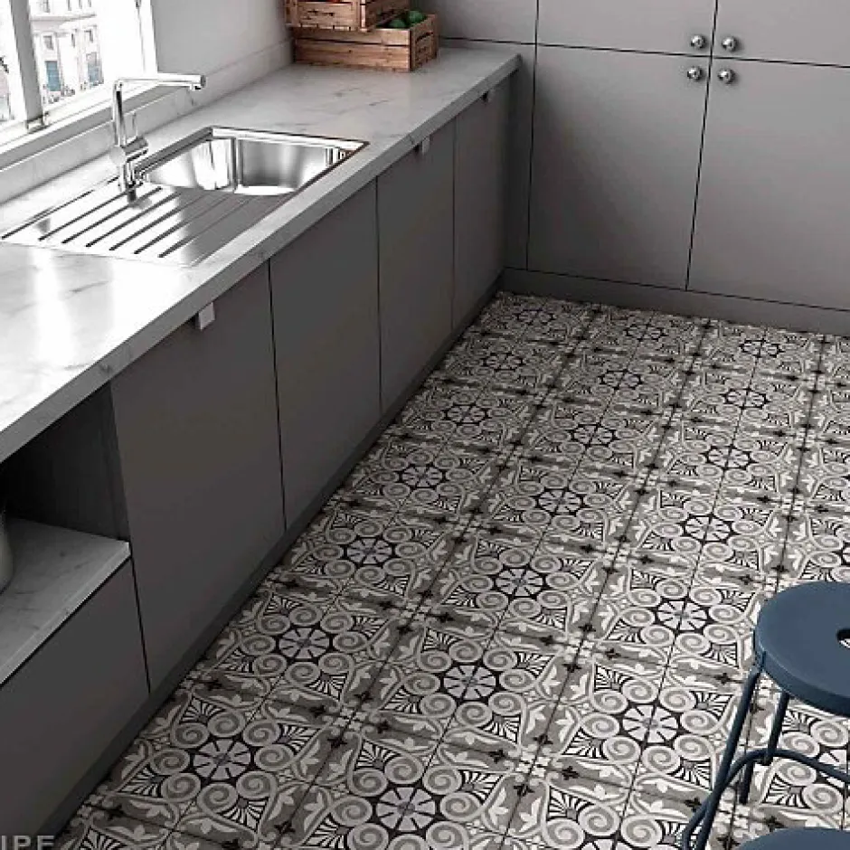 Carrelage Imitation Carreaux de Ciment ART NOUVEAU DECOR 20x20 Opéra Grey - Les Carreaux de Jean-Gioia Materia Discount