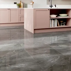 GoodHome Carrelage intérieur sol et mur gris foncé effet marbre brillant L.59.5 x l.59.5 cm x ép.9 mm, Ultimate Marble