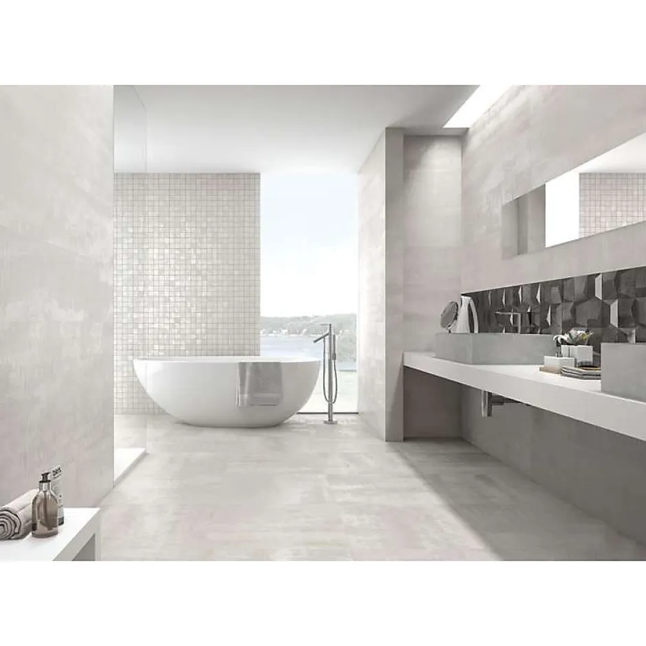 Aelle Carrelage Carrelage mur effet métal blanc 30x120 cm IONIC WHITE