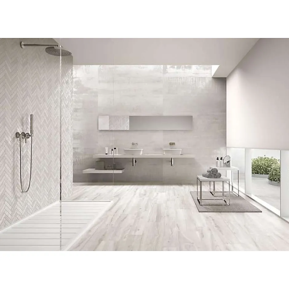 Aelle Carrelage Carrelage mur effet métal blanc 30x120 cm IONIC WHITE