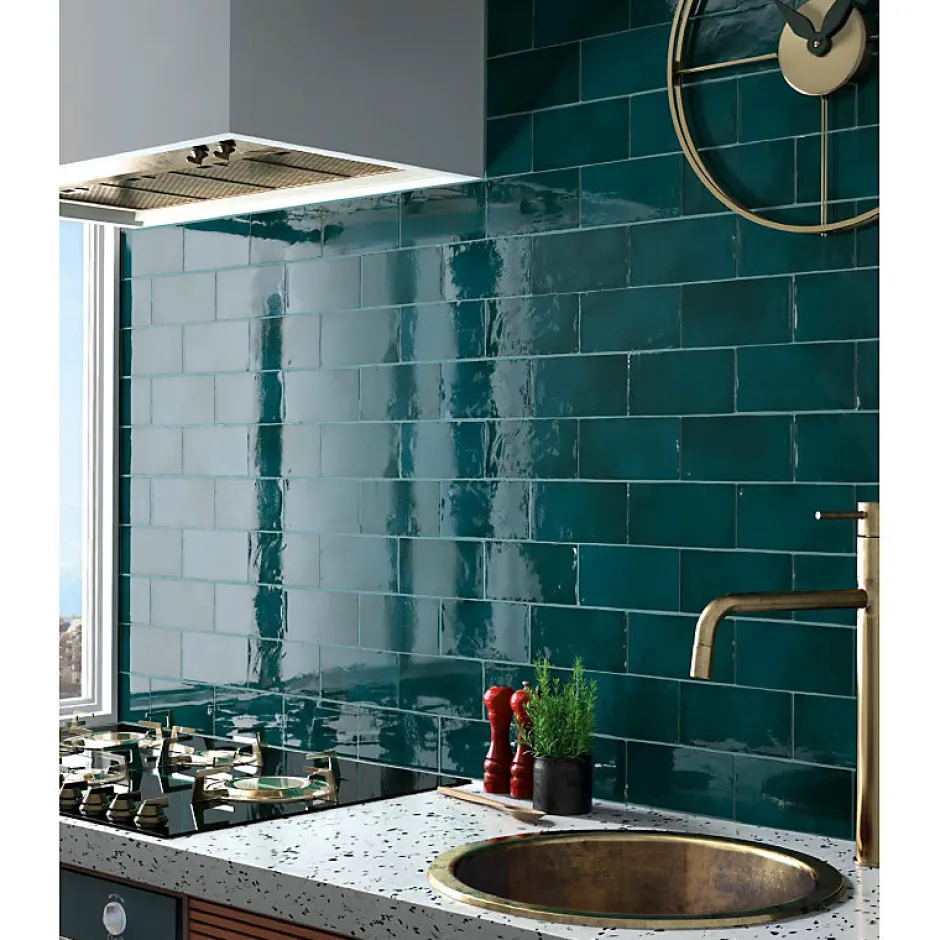 Carrelage mur effet zellige bleu turquoise 7,5x15 cm MANACOR GLACIER-Aelle Carrelage Sale