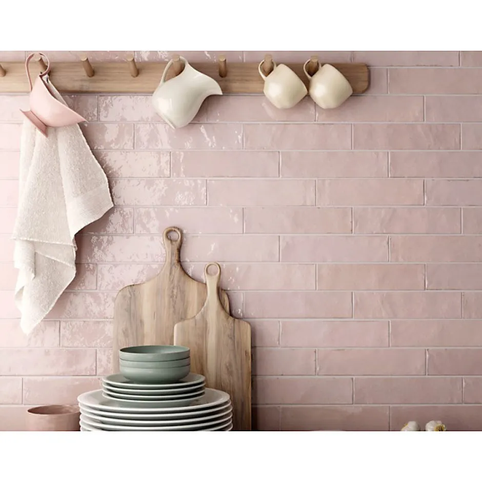 Carrelage mur effet zellige rose brillant 6x24,6 cm TRIBECA TEA ROSE-Aelle Carrelage New