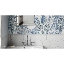 Carrelage mur hexagonal patchwork motif bleu et blanc brillant 17,6x20,1 cm HEXATILE PATCHWORK LISBOA-Aelle Carrelage New