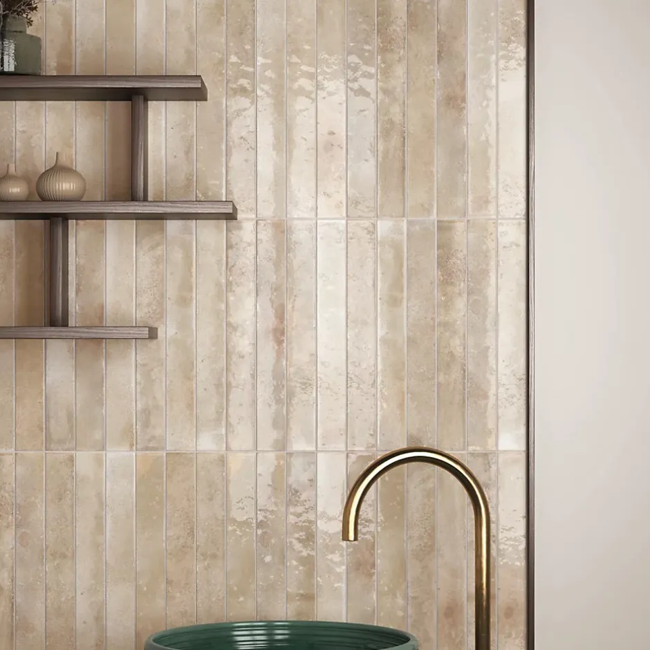 Lux Mosaic Carrelage Mur Intérieur Format allongé Beige Brillant. Bali Almond 5x40 cm