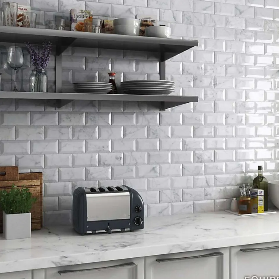 Carrelage mur métro parisien relief effet marbre blanc mate 7,5x15 cm METRO CARRARA-Aelle Carrelage Sale