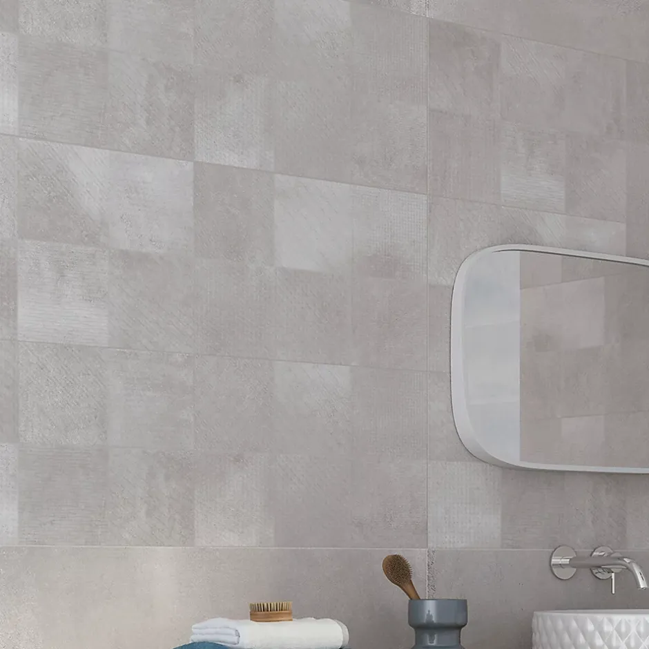 Carrelage mural intérieur effet béton gris décor carrés texturés L.90 x l.30 cm x ép.8 mm, Pavlos