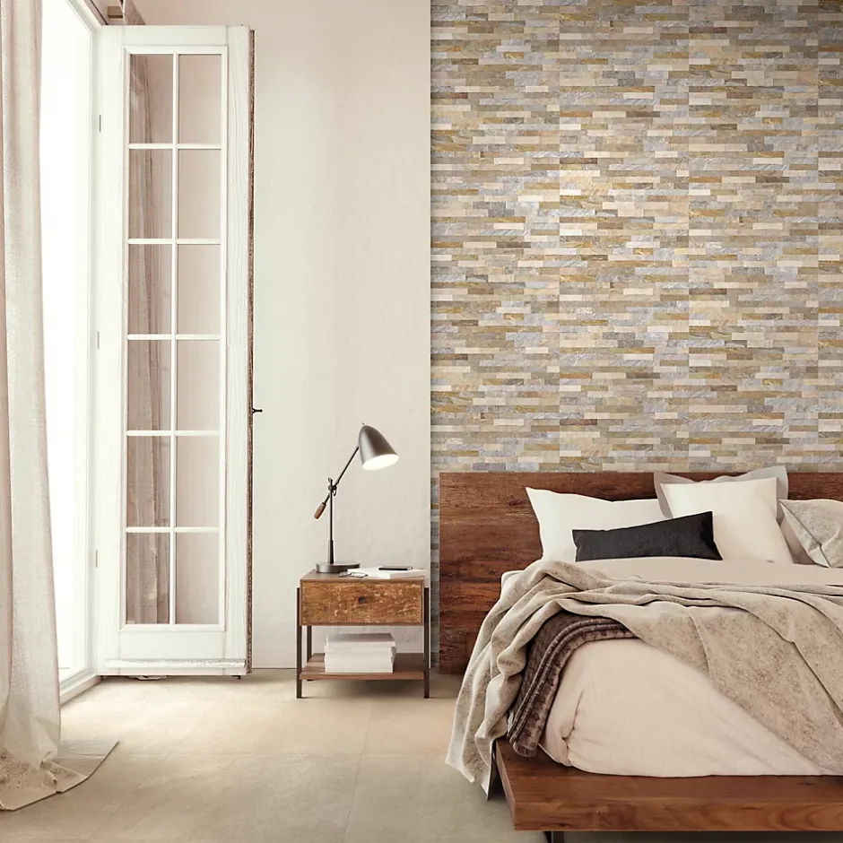 Carrelage mural intérieur effet pierre beige décor quartzite 3D L.60 x l.30 cm x ép.8,2 mm, Quartz 3D- Online