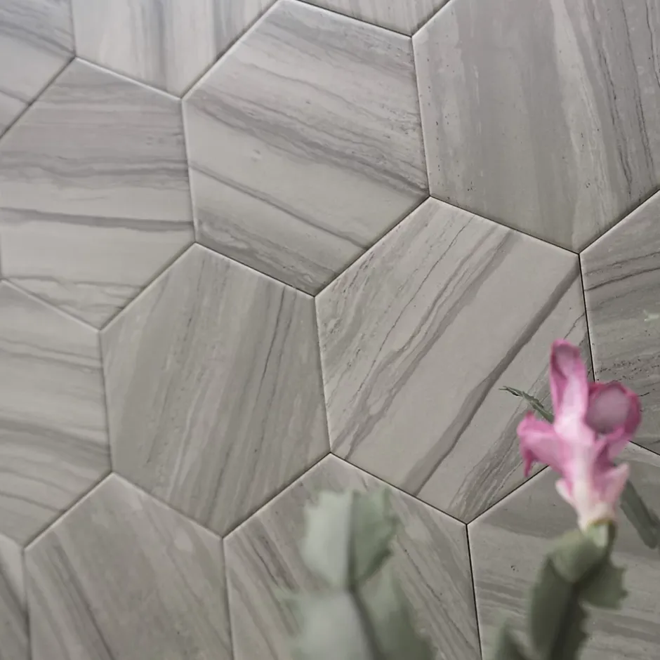 Carrelage Premium sol/mur. Effect travertine mat Samoa Gris hexagonal 14x16cm-Lux Mosaic