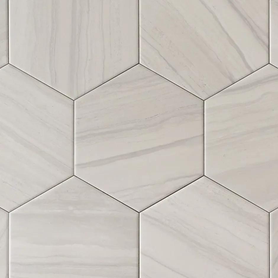 Carrelage Premium sol/mur. Effect travertine mat gris clair. Samoa Perla hexagonal 14x16cm-Lux Mosaic Best