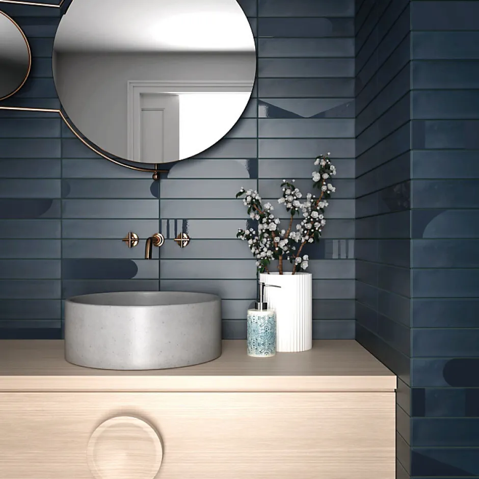 Carrelage sol / mur brique déco mixe mate et brillant effet béton bleu pétrole 6x30 cm WADI DECOR INDACO-Aelle Carrelage New