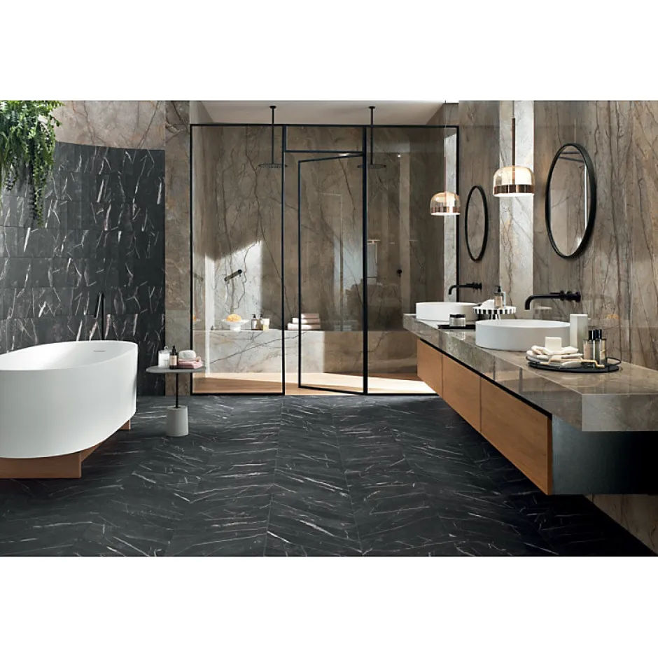 Aelle Carrelage Carrelage sol / mur chevron effet marbre noir 7,4X45 cmm - SCULTOREA Dark diamond chevron J475