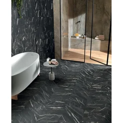 Aelle Carrelage Carrelage sol / mur chevron effet marbre noir 7,4X45 cmm - SCULTOREA Dark diamond chevron J475