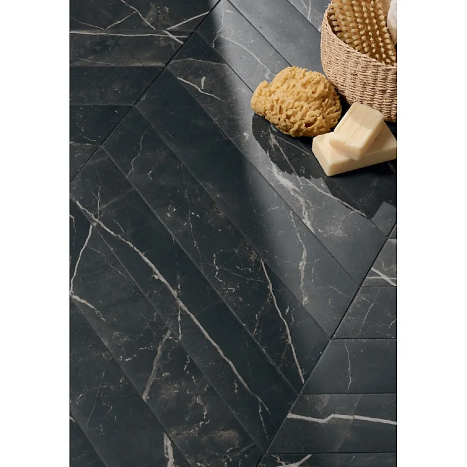 Aelle Carrelage Carrelage sol / mur chevron effet marbre noir 7,4X45 cmm - SCULTOREA Dark diamond chevron J475