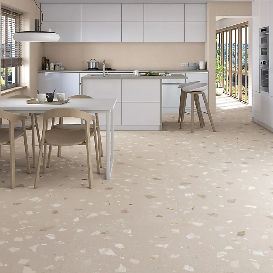 Eiffel art construction Carrelage sol / mur effet terrazzo 80x80 cm RIBE R BEIGE(vendu par boite de 1.28m2)