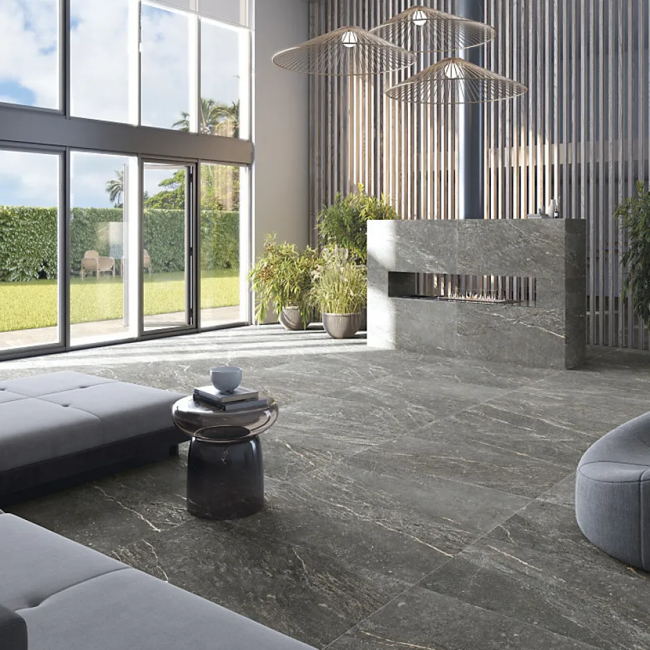 Aelle Carrelage Carrelage sol / mur effet pierre gris anthracite 120x120 cm BETILO R DARK