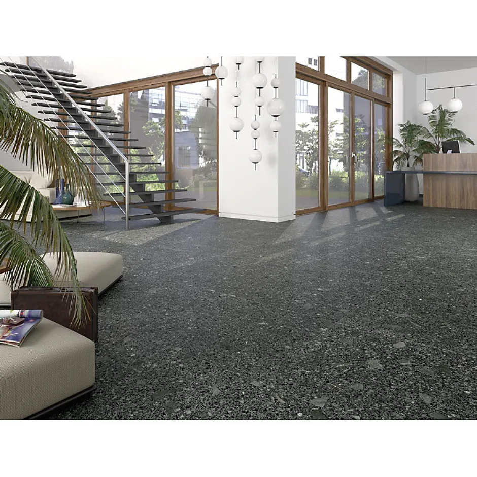 Eiffel art construction Carrelage sol / mur effet terrazzo noir brillant 80x80 cm MISCELA GRAFITO POLISHED(vendu par boite de 1.26m2)