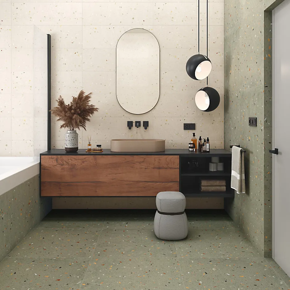 Eiffel art construction Carrelage sol / mur effet terrazzo 80x80 cm Croccante-R Menta(vendu par boite de 1.28m2)