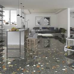 Carrelage sol / mur effet terrazzzo coloré brillant 80x80 cm STRACCIATELLA GRAFITO POLISHED(vendu par boite 1.26m2)-Eiffel art construction Discount