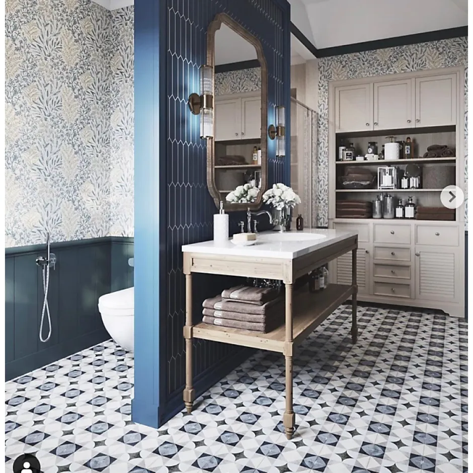 Carrelage sol / mur effet ciment motif coloré 20x20 cm ART NOUVEAU PALAIS BLUE-Aelle Carrelage Sale