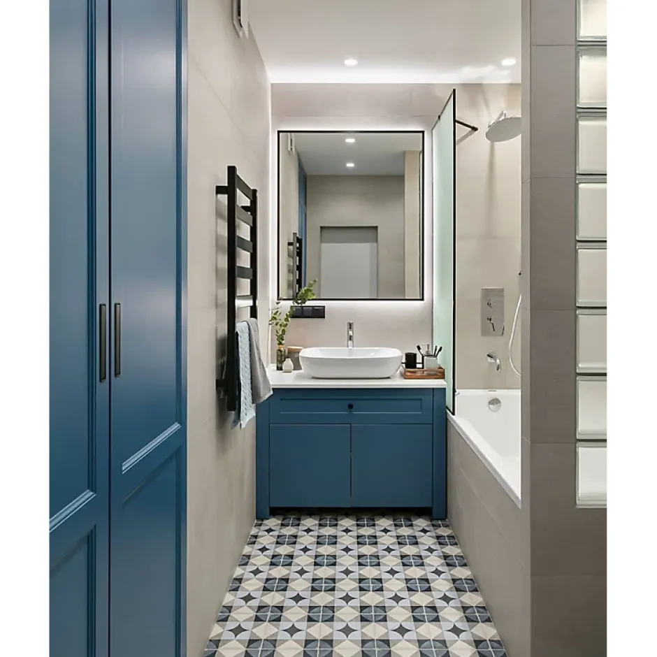 Carrelage sol / mur effet ciment motif coloré 20x20 cm ART NOUVEAU PALAIS BLUE-Aelle Carrelage Sale