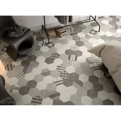 Aelle Carrelage Carrelage sol / mur hexagonal effet ciment patchwork gris motif géométrique 17,5x20 cm HEXATILE CEMENT GEO GREY
