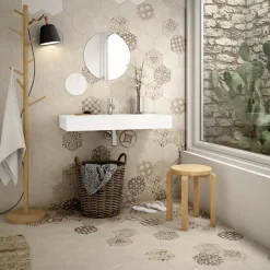 Carrelage sol / mur hexagonal effet ciment patchwork beige 17,5x20 cm HEXATILE CEMENT GARDEN SAND-Aelle Carrelage Online