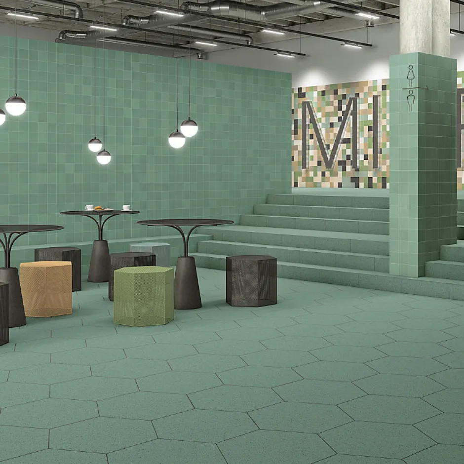 Carrelage sol / mur hexagonal effet terrazzo grand format bleu vert 51,9x59,9 cm MICRA Hexagono Indigo-Eiffel art construction New